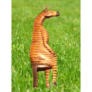 Wooden Zebra African Figurine Hand-Carved  Sitting Folk Art Animal Sculpture 8"
